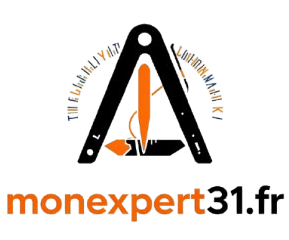 Logo pour monexpert31.fr : Design géométrique noir et orange avec texte monexpert31.fr en dessous.