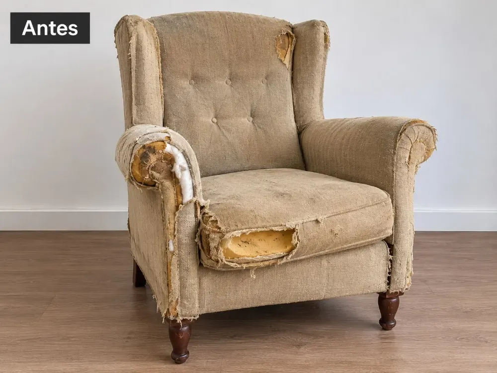 Sillón beige dañado con tapicería rasgada en el asiento y el brazo izquierdo, con la etiqueta 