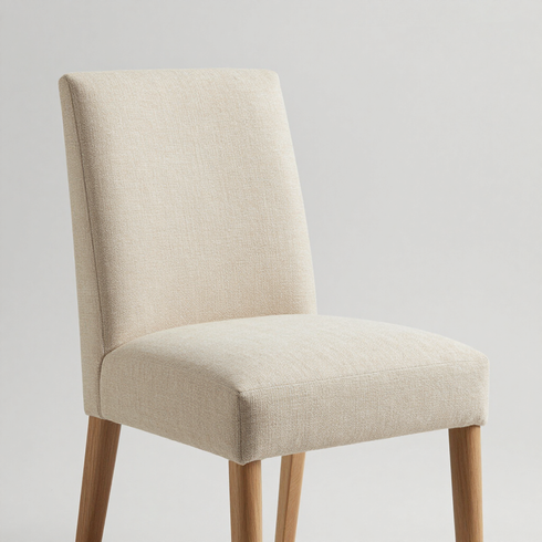 Silla tapizada en color beige con patas de madera sobre un fondo claro.