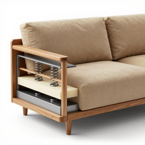 Sofá beige con estructura de madera a la vista y mecanismo de muelles y almacenamiento visible en el lateral.