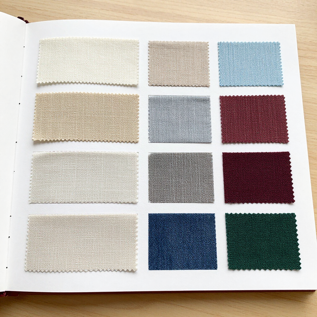 Catálogo de muestras de telas con muestras textiles en tonos neutros, azules, burdeos, grises y verdes.