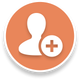 Weiße Benutzersilhouette mit einem Pluszeichen auf einem orangefarbenen Kreissymbol.