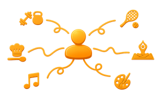 Orangefarbenes Symbol einer Person mit Armen, umgeben von Symbolen für Musik, Kunst, Kochen, Sport und Spiele