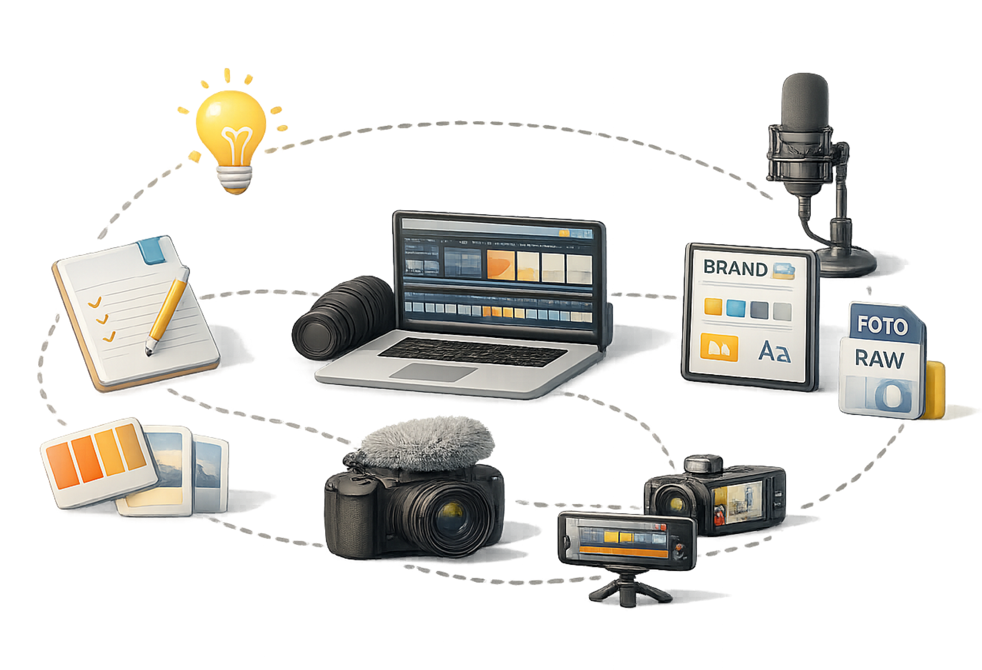 Arbeitsablauf der Medienerstellung; Laptop, Kameras, Mikrofon, Notizblock, Markenvisualisierungen und Glühbirne sind durch gestrichelte Linien verbunden.