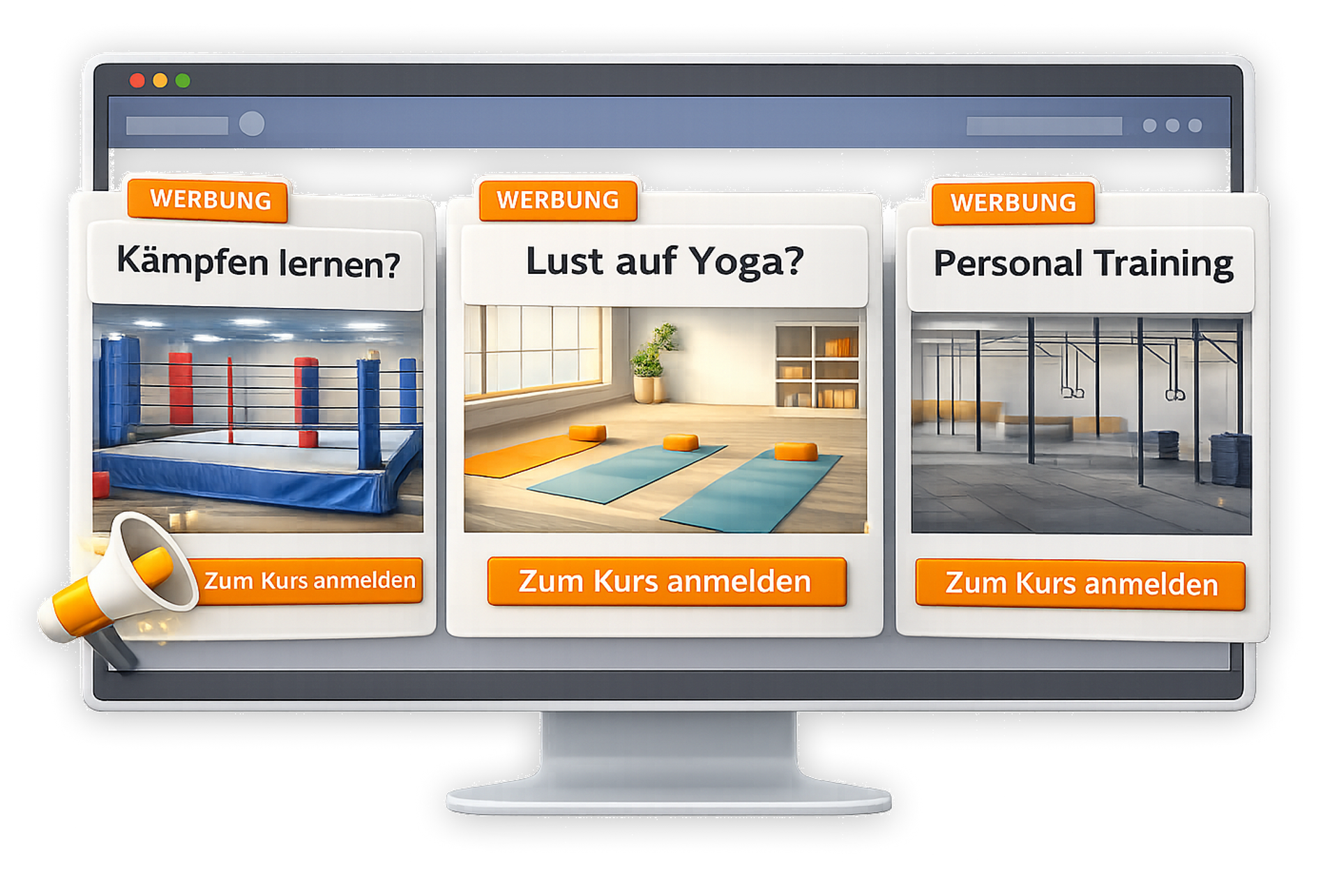 Computerbildschirm mit Kursoptionen: Kampfsport lernen, Yoga oder Personal Training; orange Akzente.