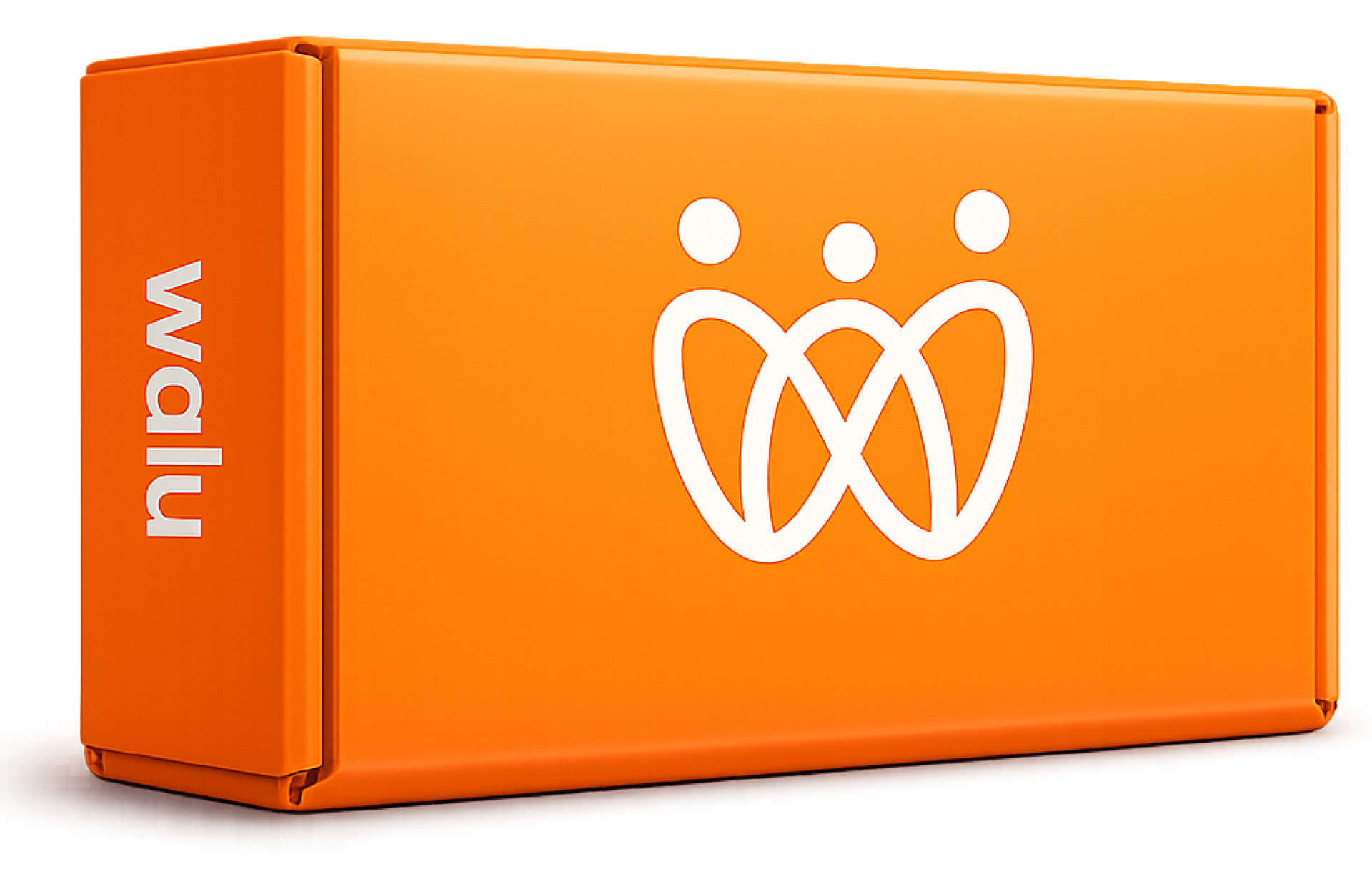 Orangefarbene Walu-Produktverpackung mit weißem Logo auf Vorder- und Seite