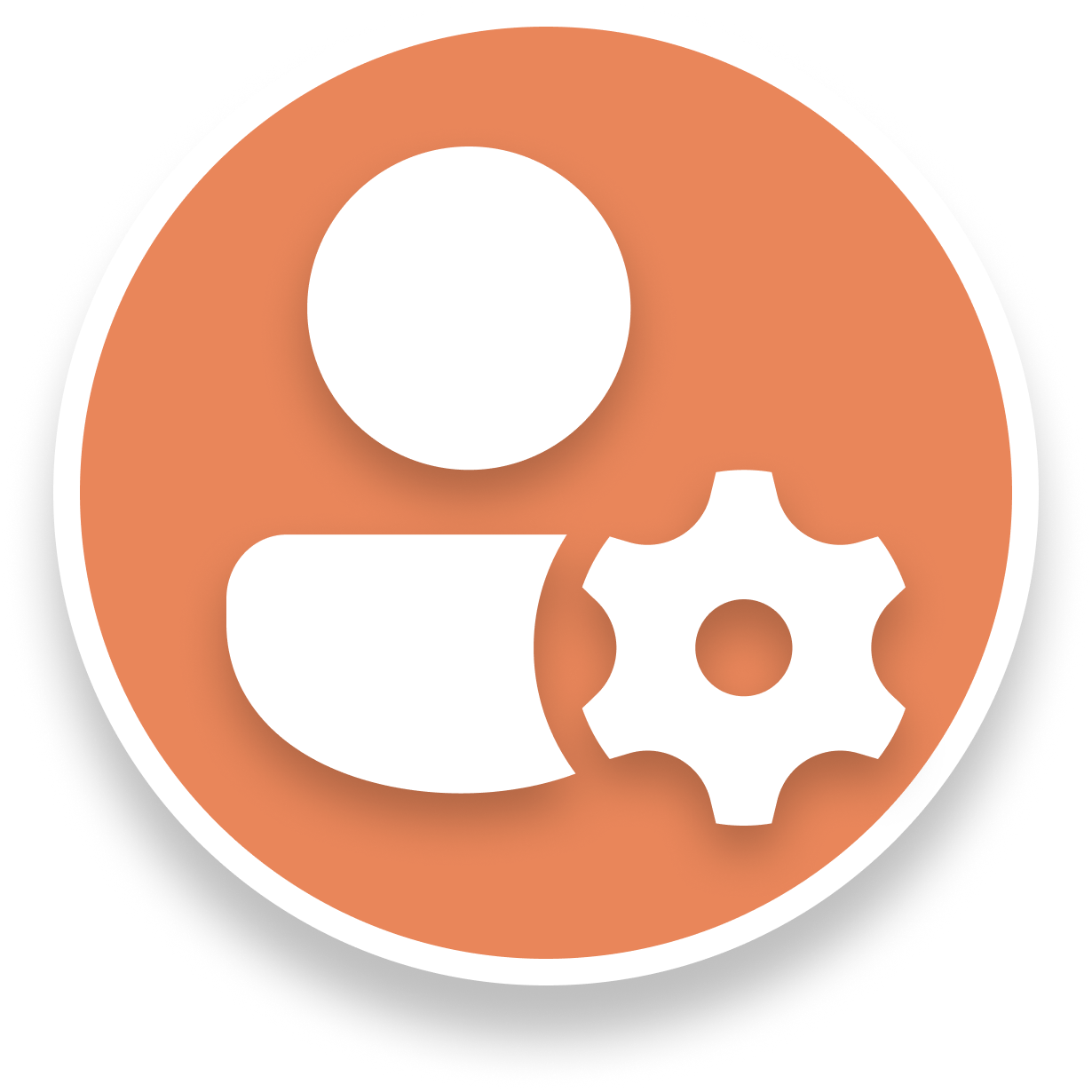 Personensymbol mit Zahnrad in orangefarbenem Kreis.