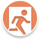 Orangefarbenes Notausgangssymbol mit einer laufenden Person auf weißem Grund.