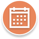 Orangefarbenes Kalendersymbol mit weißer Umrandung und Raster, dargestellt in einem kreisförmigen Button.