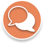 Zwei sich überlappende Sprechblasen, eine orange und eine weiße, auf einem orangefarbenen kreisförmigen Hintergrund.