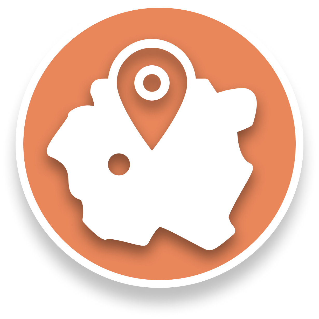 Weißer Positionsmarker über einem stilisierten Zahnrad, orangefarbener Kreis.