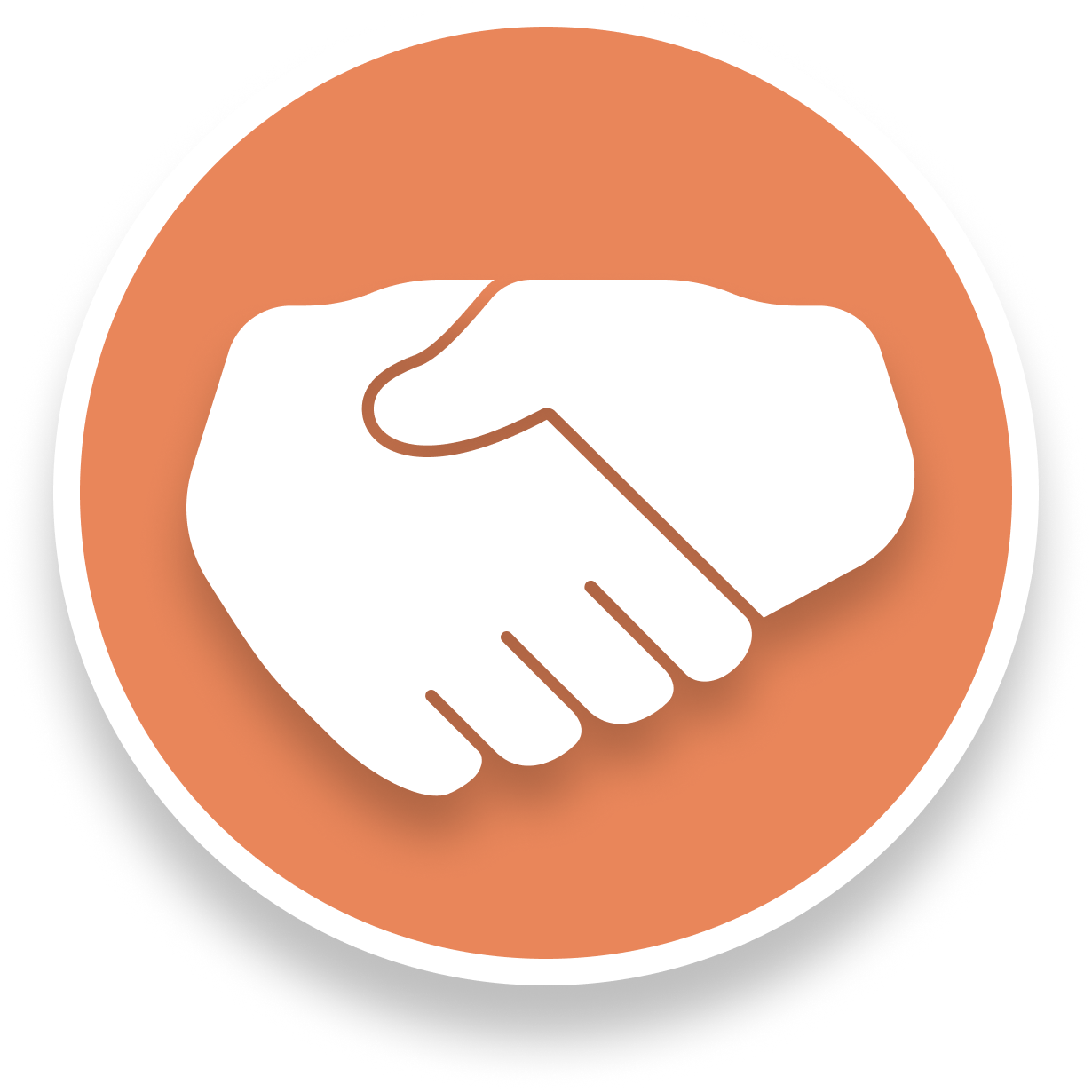 Weißes Handschlag-Symbol in einem orangefarbenen Kreis, das Übereinstimmung symbolisiert.