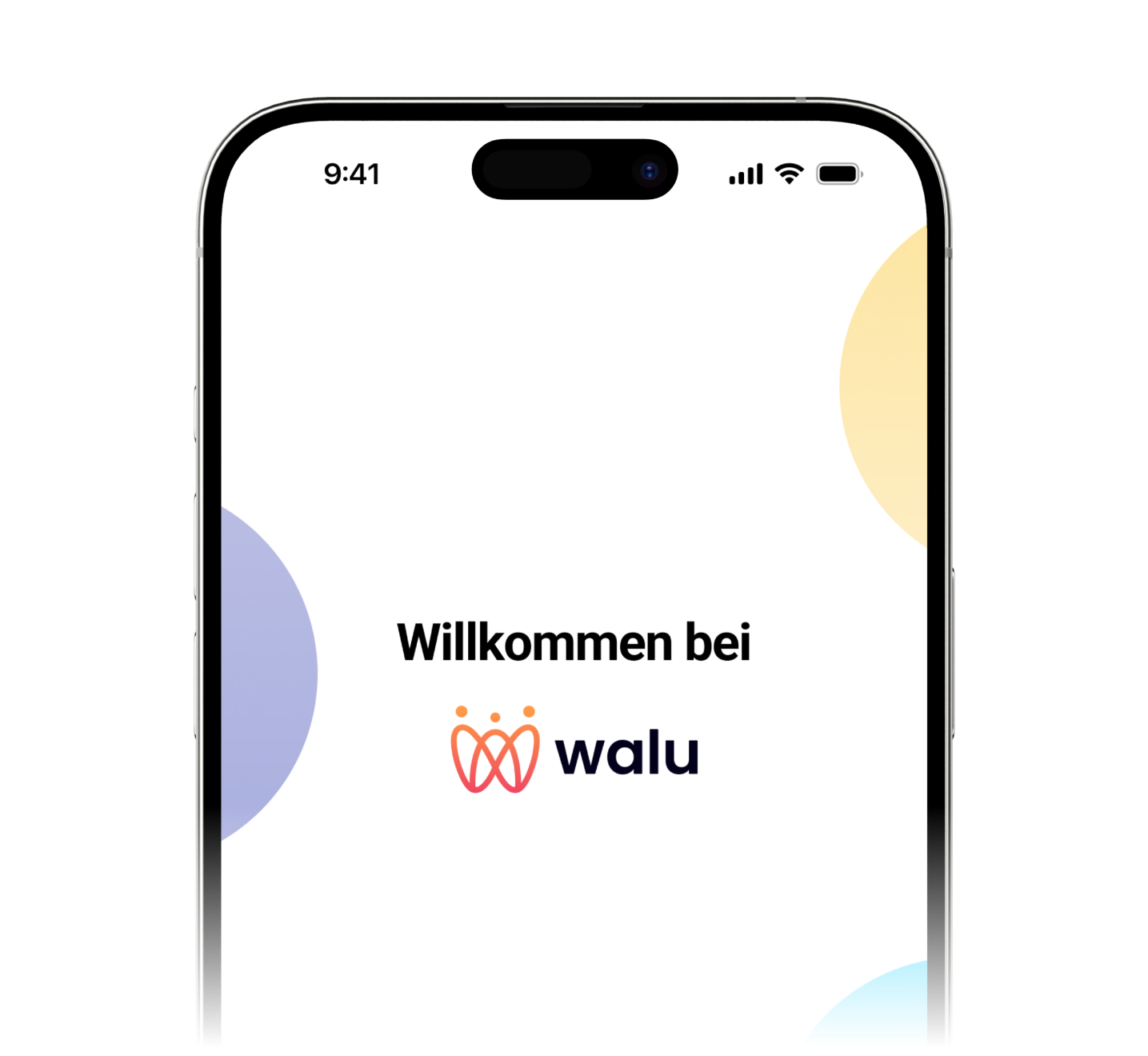 Auf dem Bildschirm eines Smartphones erscheint die Aufschrift „Willkommen bei walu“ mit einem Logo vor pastellfarbenen Kreisen.