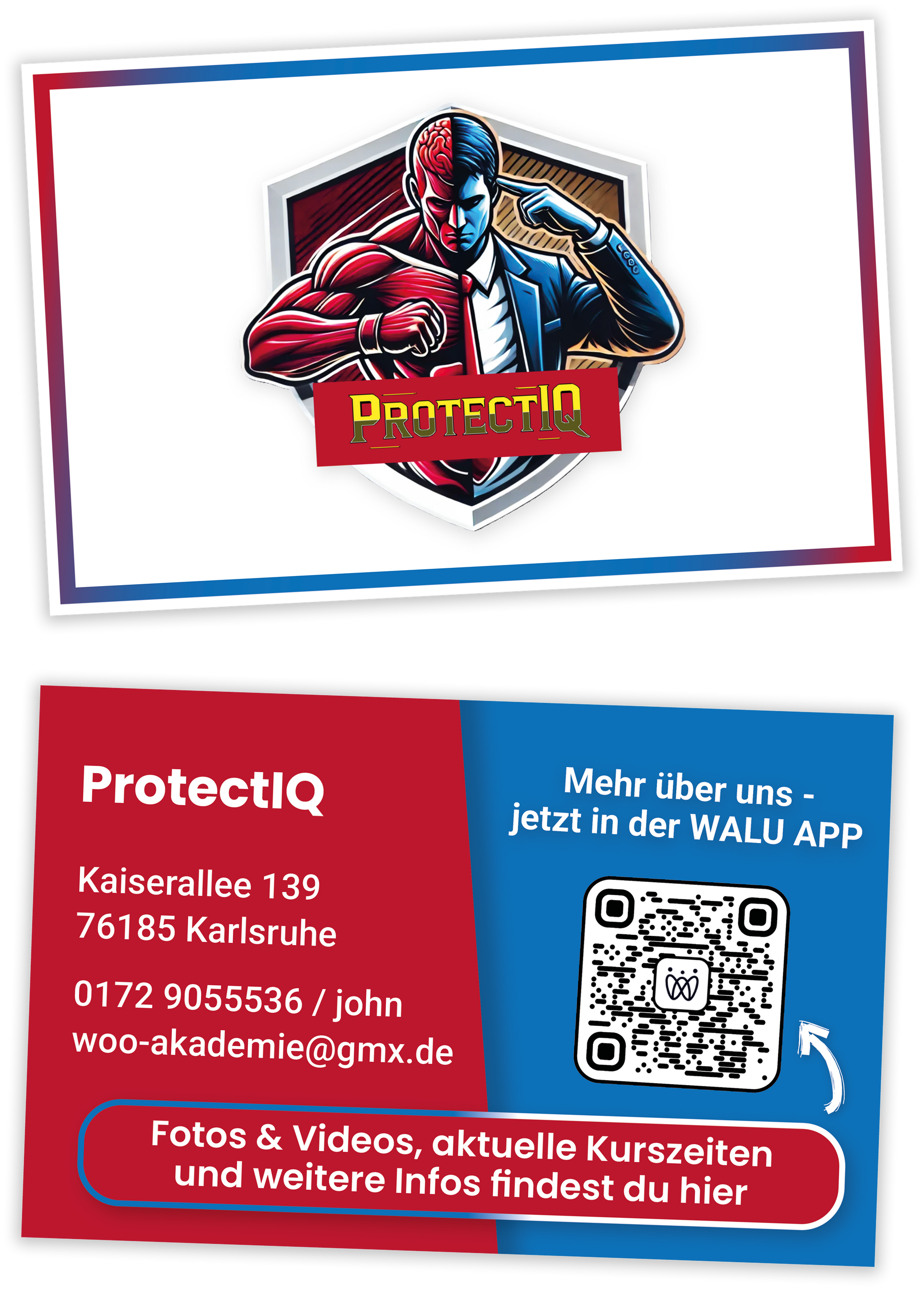 Visitenkarte für ProtectIQ in Karlsruhe, Deutschland mit Logo und Kontaktdaten. Inklusive QR-Code.