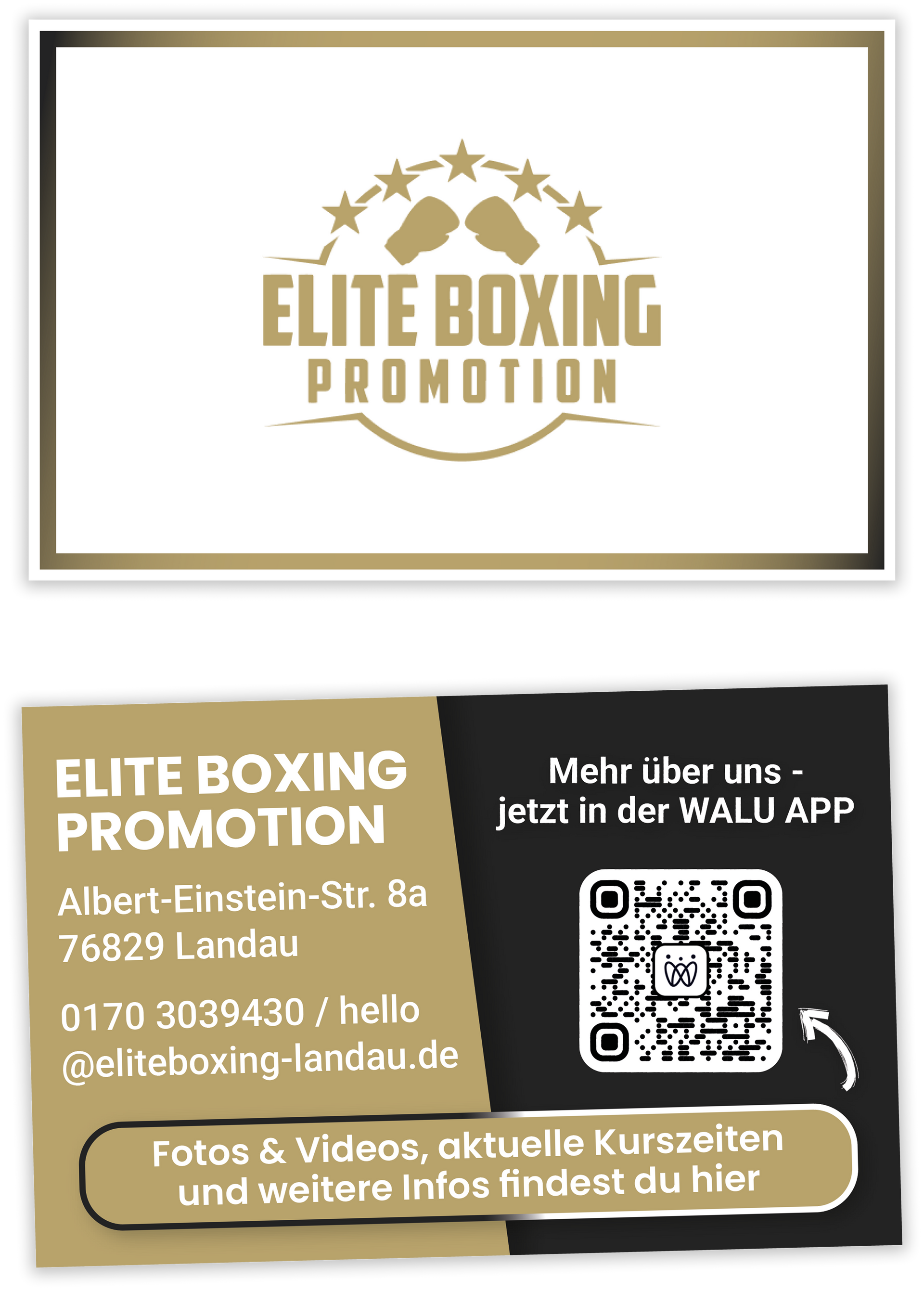Visitenkarte für Elite Boxing Promotion mit Logo, Adresse, Telefonnummer, E-Mail-Adresse und QR-Code für weitere Informationen.