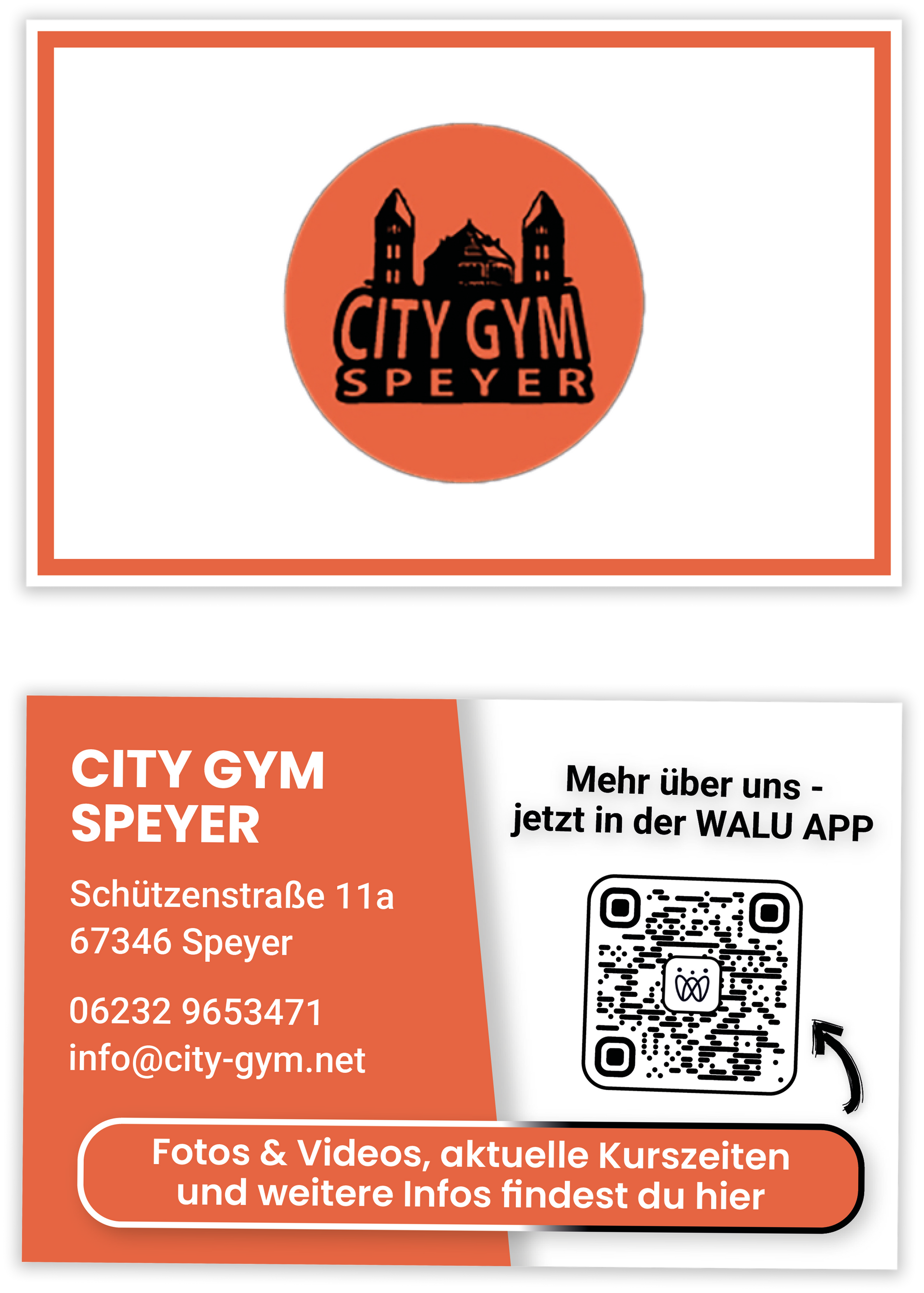 Visitenkarte für City Gym Speyer mit Logo, Adresse, Telefonnummer und QR-Code für die App.