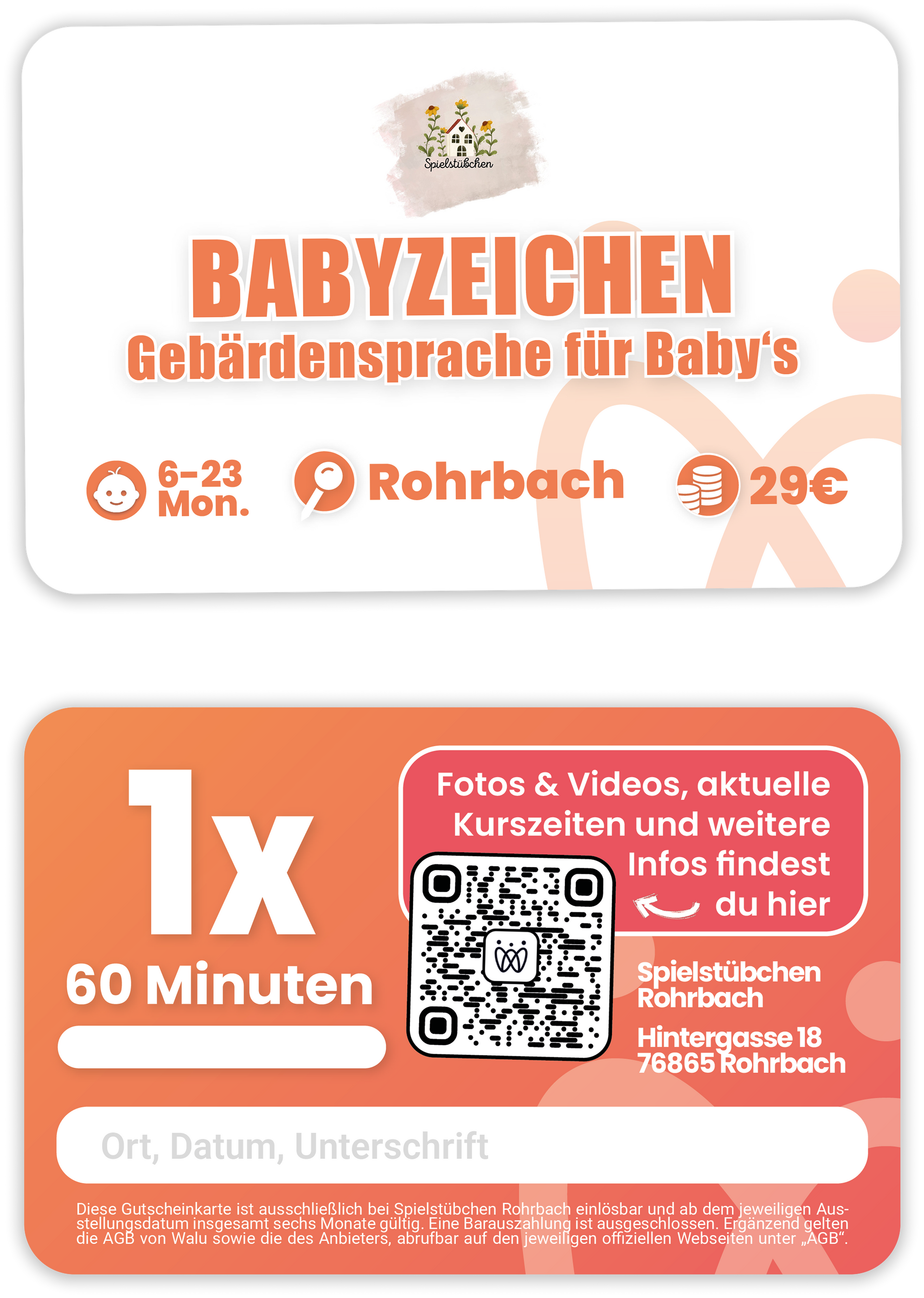 Anzeige für einen Kurs in Babyzeichensprache. Ort, Zeit und Preis werden angegeben. QR-Code für weitere Informationen.