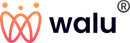 Logo für Walu, eine Wortmarke mit einer dreiblättrigen Grafik in Orange-Rot und dem Symbol für eine eingetragene Marke.