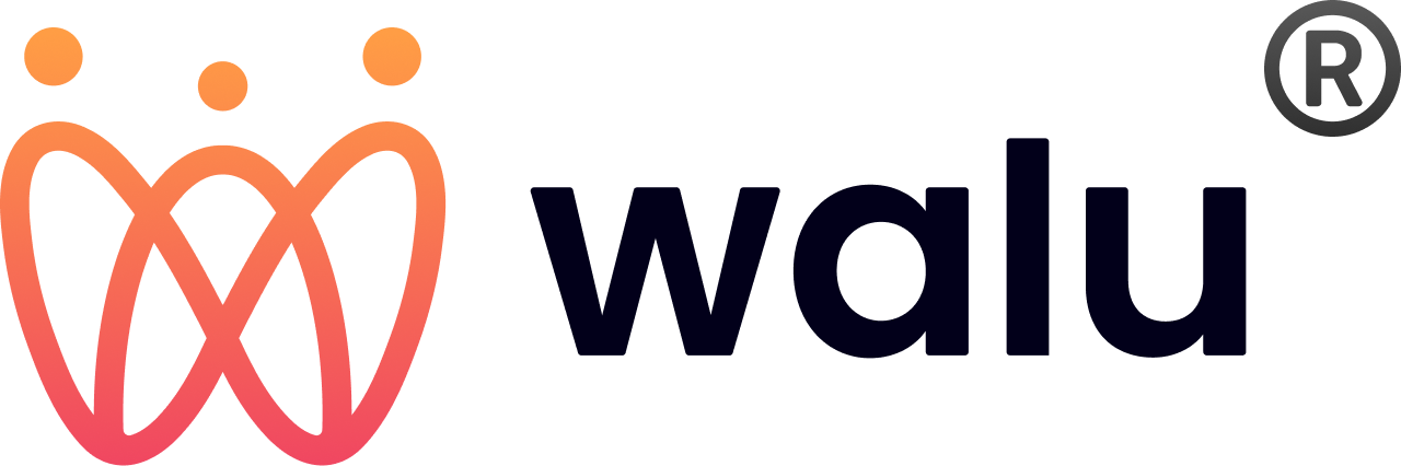 Walu-Logo: orangefarbenes, stilisiertes „W“-Symbol mit schwarzem Text und eingetragenem Warenzeichen