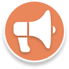 Weißes Megafon-Symbol auf orangefarbenem, kreisförmigem Hintergrund mit Schlagschatten