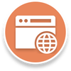 Oranger Kreis mit weißem Browserfenster und Globus-Symbol, was auf eine Website oder einen Webzugang hindeutet.