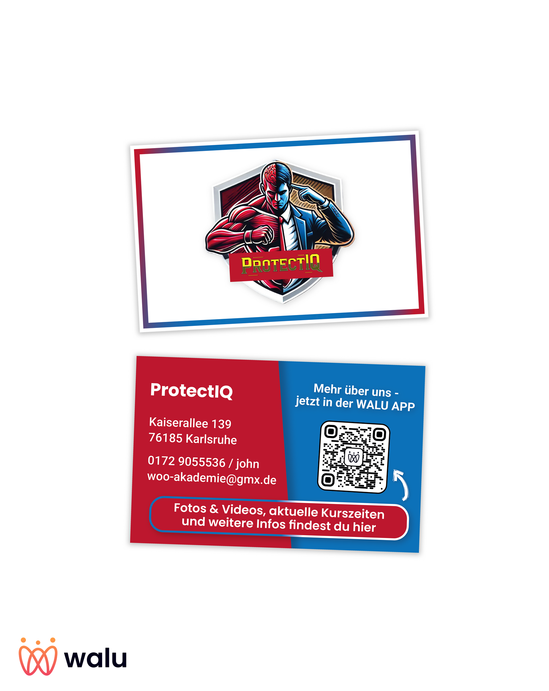 Visitenkarte für ProtecIQ, Logo mit zwei Figuren, QR-Code, Kontaktinformationen.