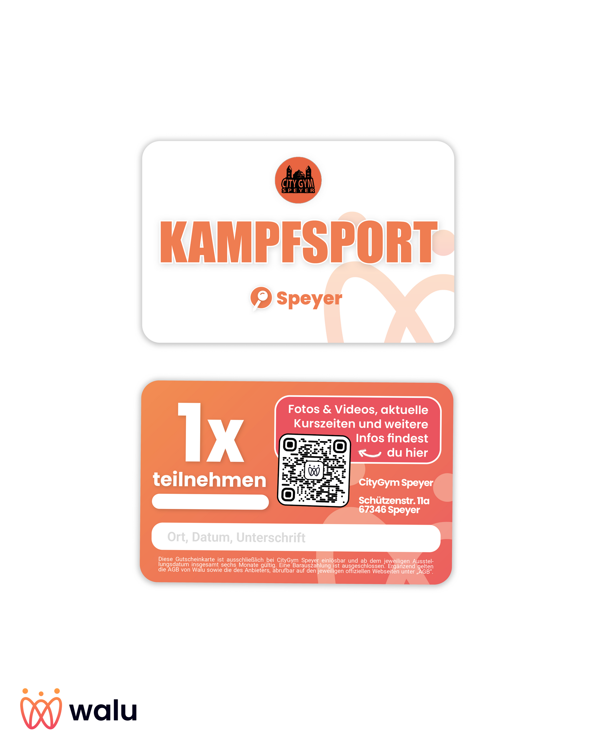 Zwei orange-weiße Karten. Obere Karte: Logo von „KAMPFSPORT Speyer“. Untere Karte: „1x teilnehmen“ mit QR-Code und Text.