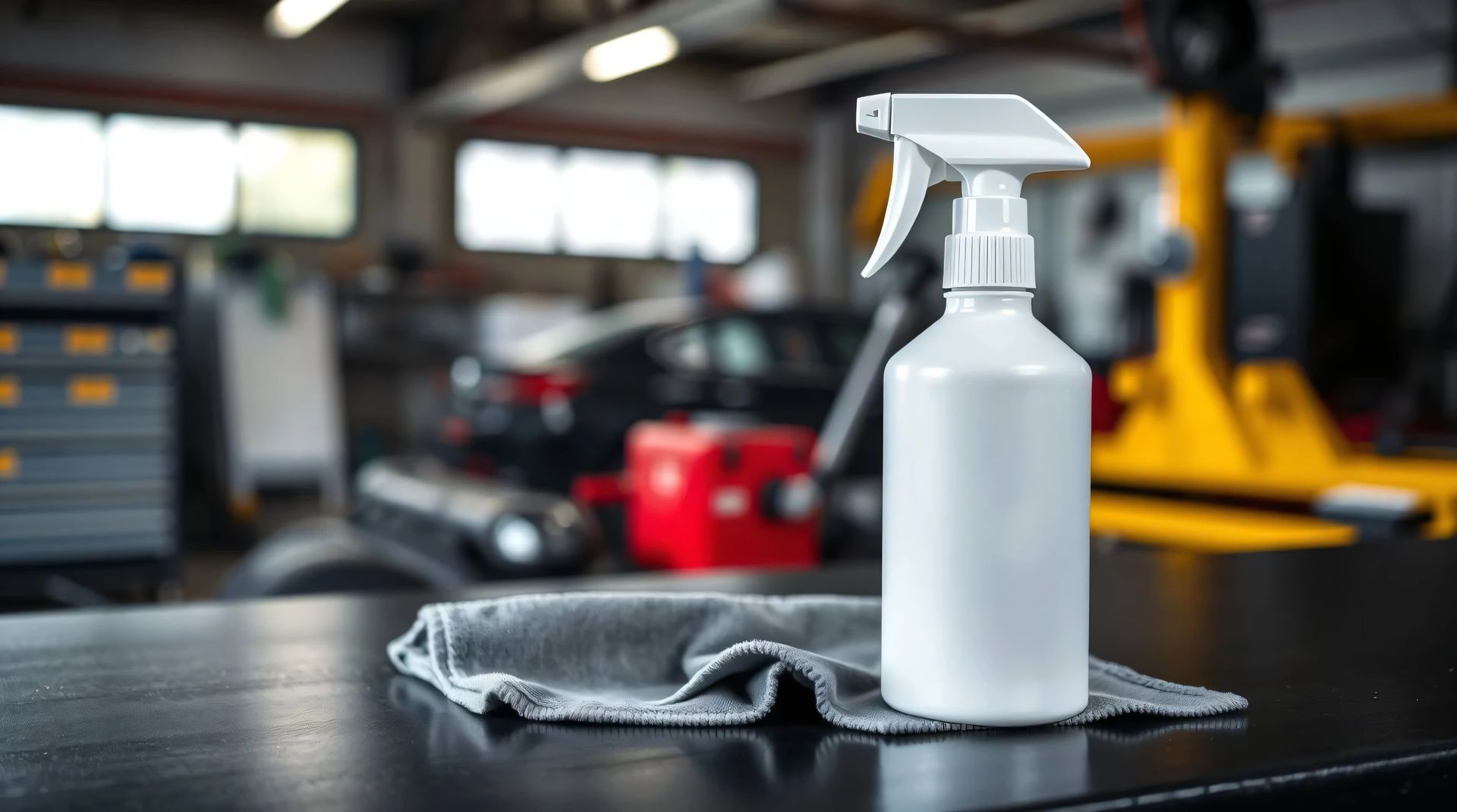 Un flacon pulvérisateur blanc repose sur un tissu gris à l'intérieur d'un garage.