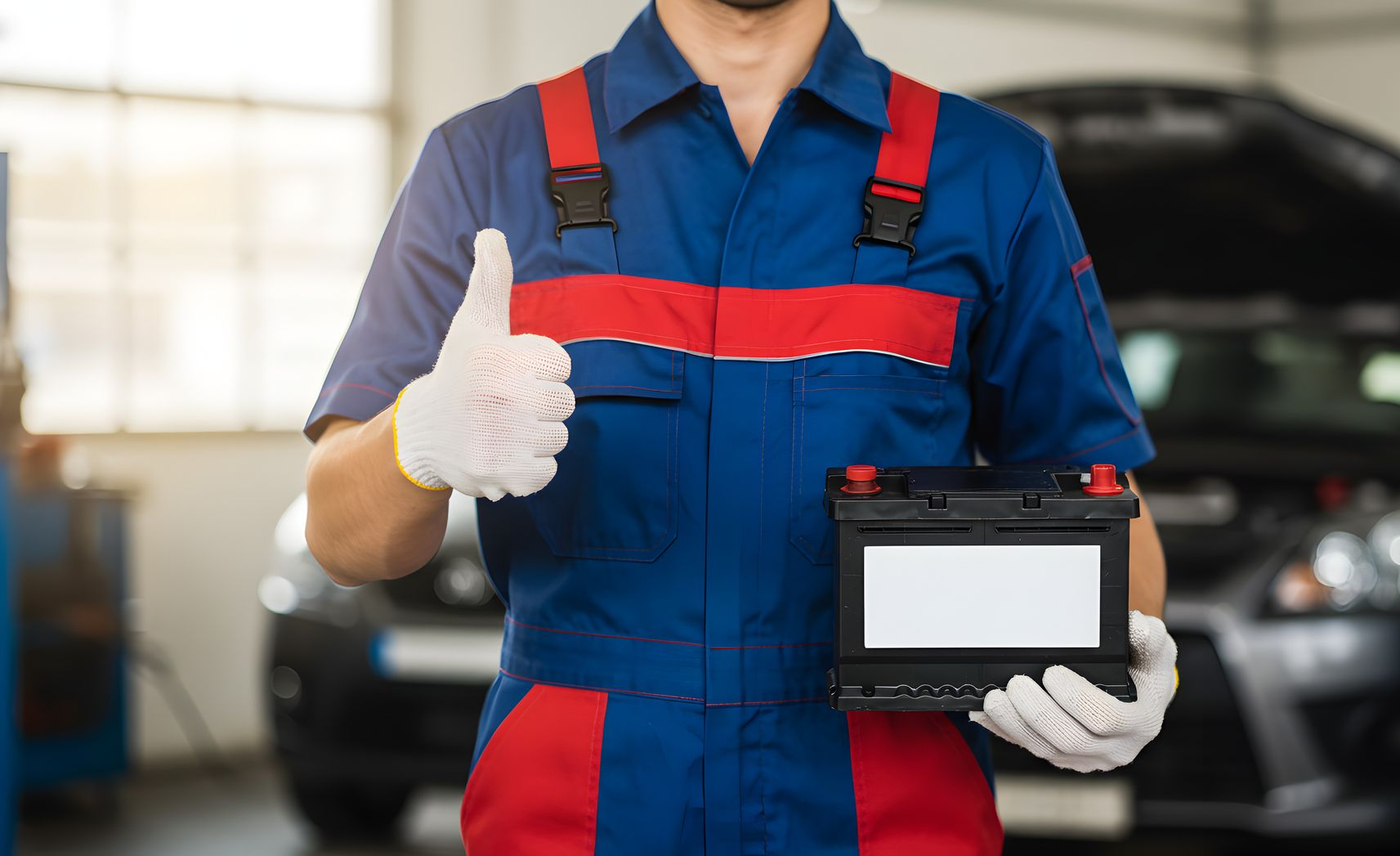 Un mécanicien en uniforme bleu et rouge, portant des gants, tient une batterie de voiture et lève le pouce.