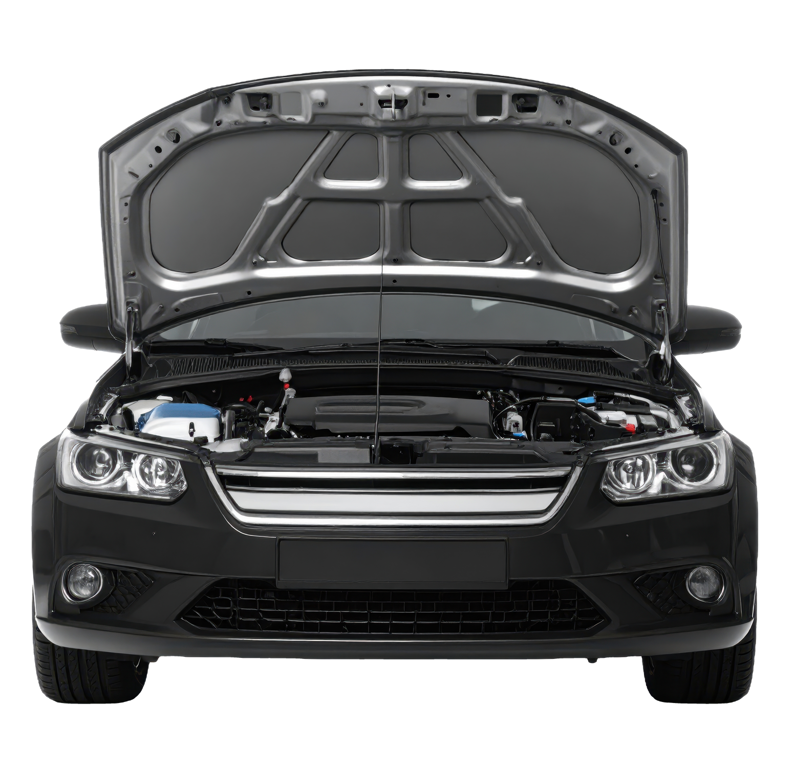 Vue de face d'une berline noire, capot ouvert, dévoilant le compartiment moteur sur fond blanc.