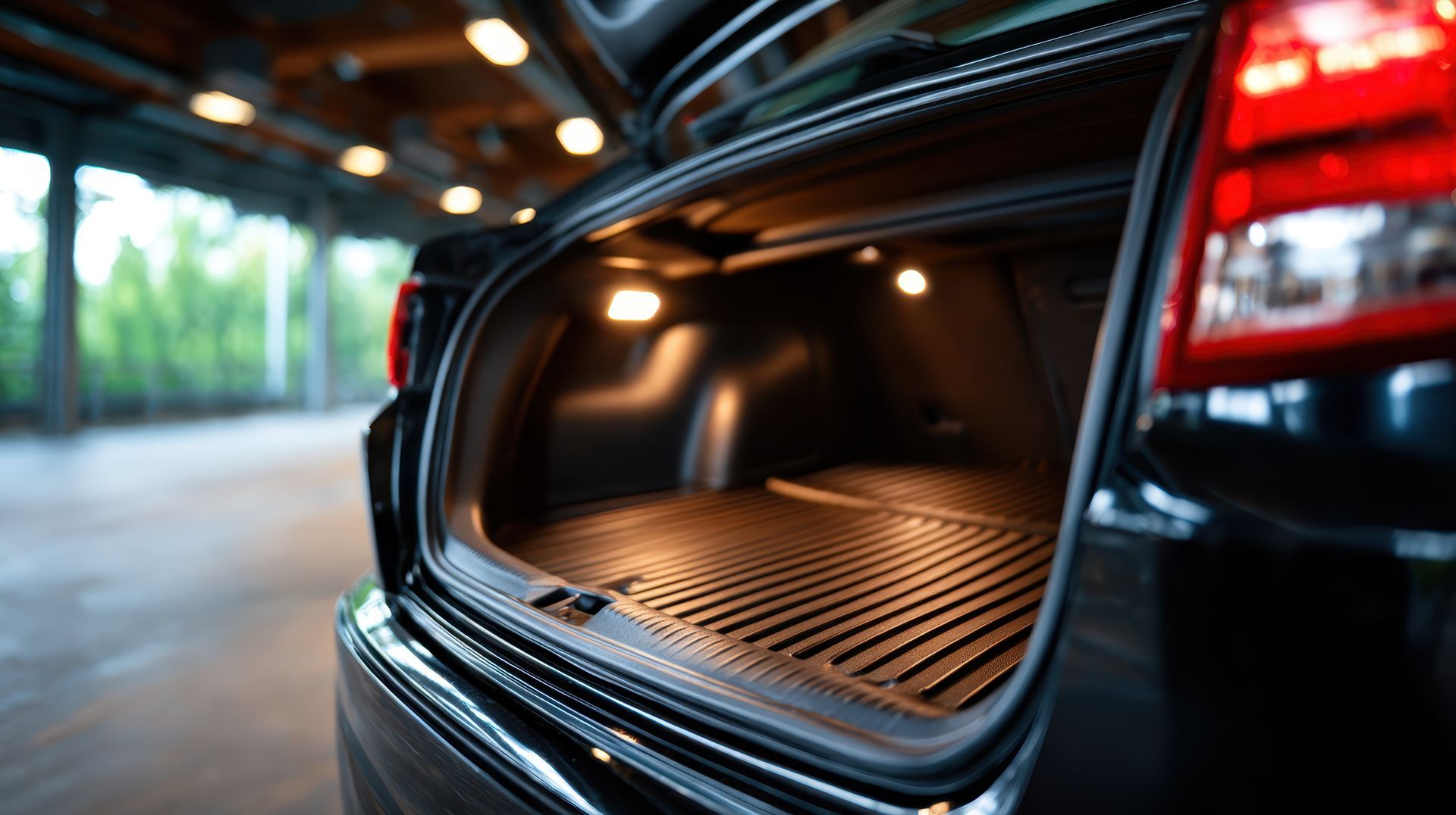 Coffre ouvert d'une voiture noire dans un parking souterrain, avec tapis de coffre noir rainuré et éclairage intérieur.