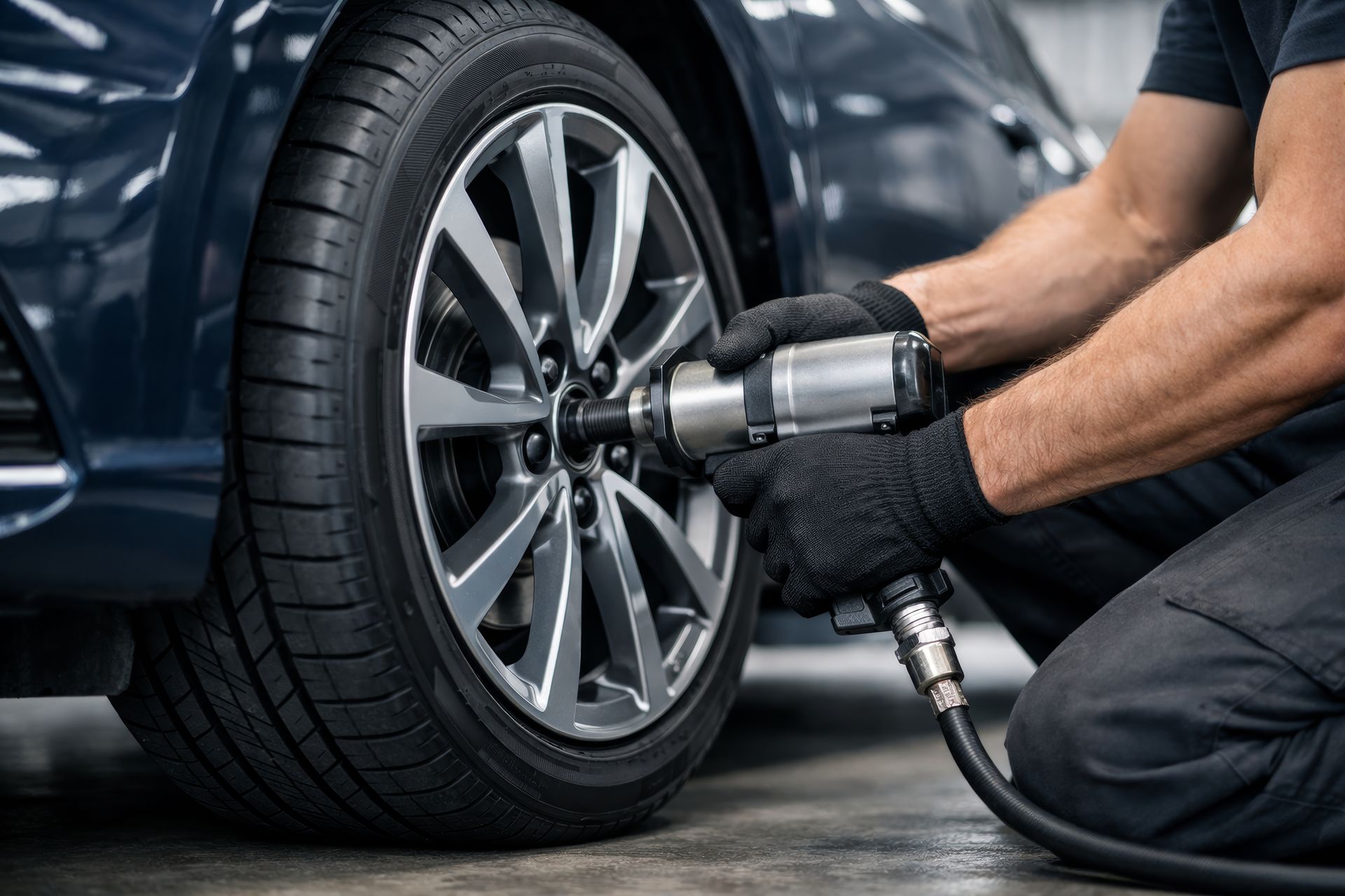 Un mécanicien portant des gants de travail noirs utilise une clé à chocs pneumatique pour serrer des écrous.