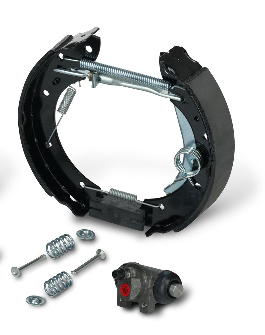Une mâchoire de frein à tambour, de ressorts, de pièces de fixation et un cylindre de roue.