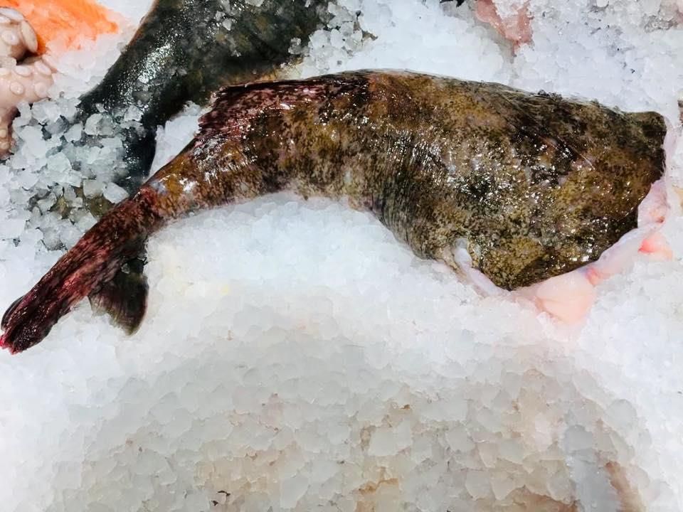 Ein Fisch liegt auf einem Eishaufen.