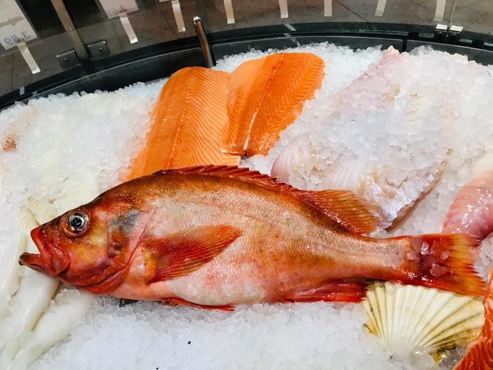 Ein roter Fisch sitzt auf einem Eishaufen.