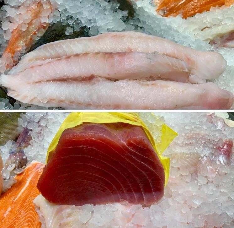 Eine Collage aus Fisch und Thunfisch auf Eis