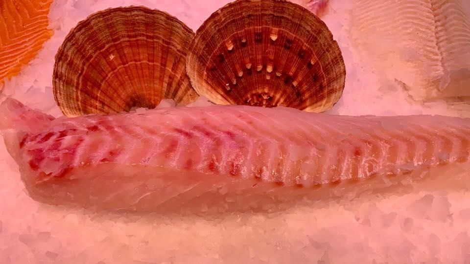 Ein Stück Fisch liegt auf einem Eishaufen.