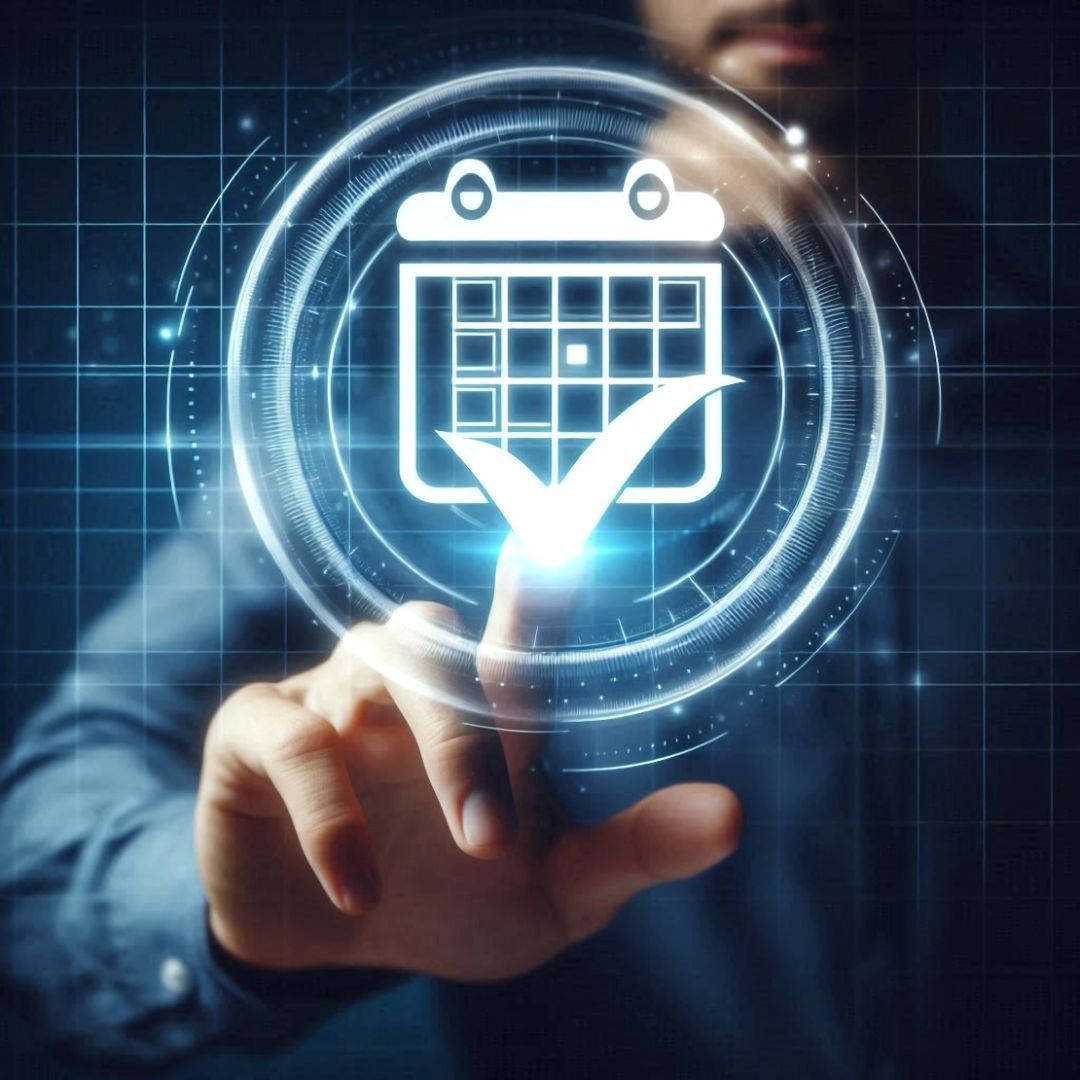 Le mani indicano lo schermo di un tablet che mostra un calendario colorato. 