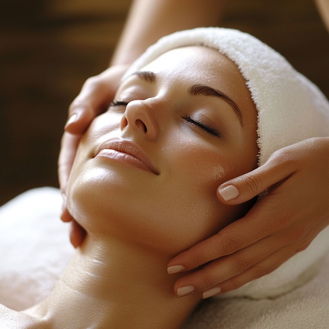 Giovane donna rilassata che riceve un massaggio facciale, occhi chiusi, mani sulle guance, ambiente spa.