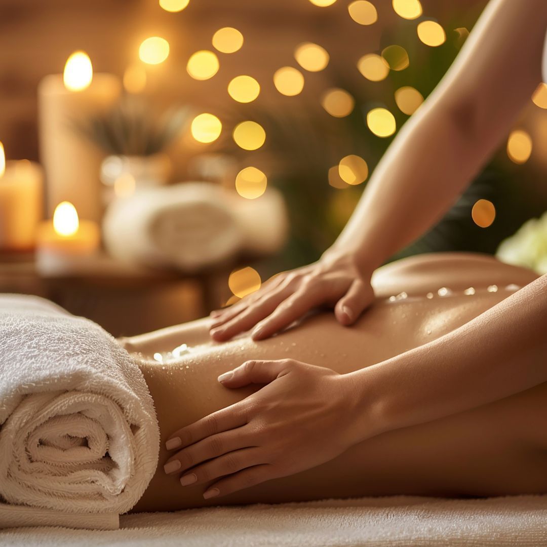Mani che eseguono un massaggio alla schiena in una spa, con candele e luci sfocate sullo sfondo.