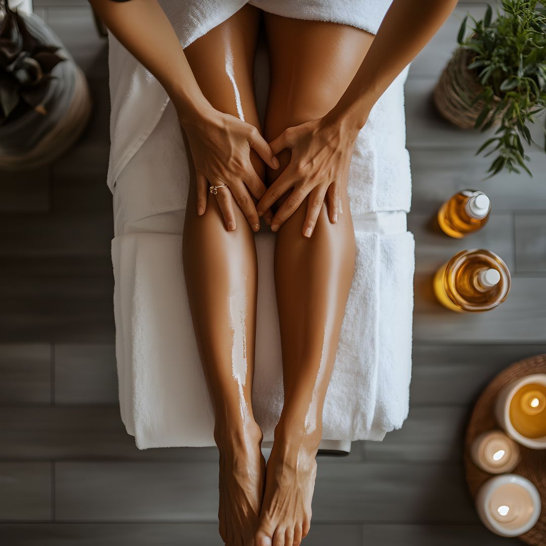 Gambe massaggiate con olio su un asciugamano bianco, ambiente spa con candele e oli.