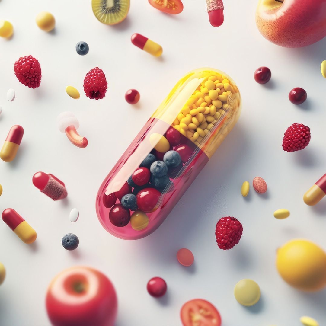 Una grande pillola piena di bacche e palline gialle, circondata da frutti e capsule sparse su sfondo bianco.