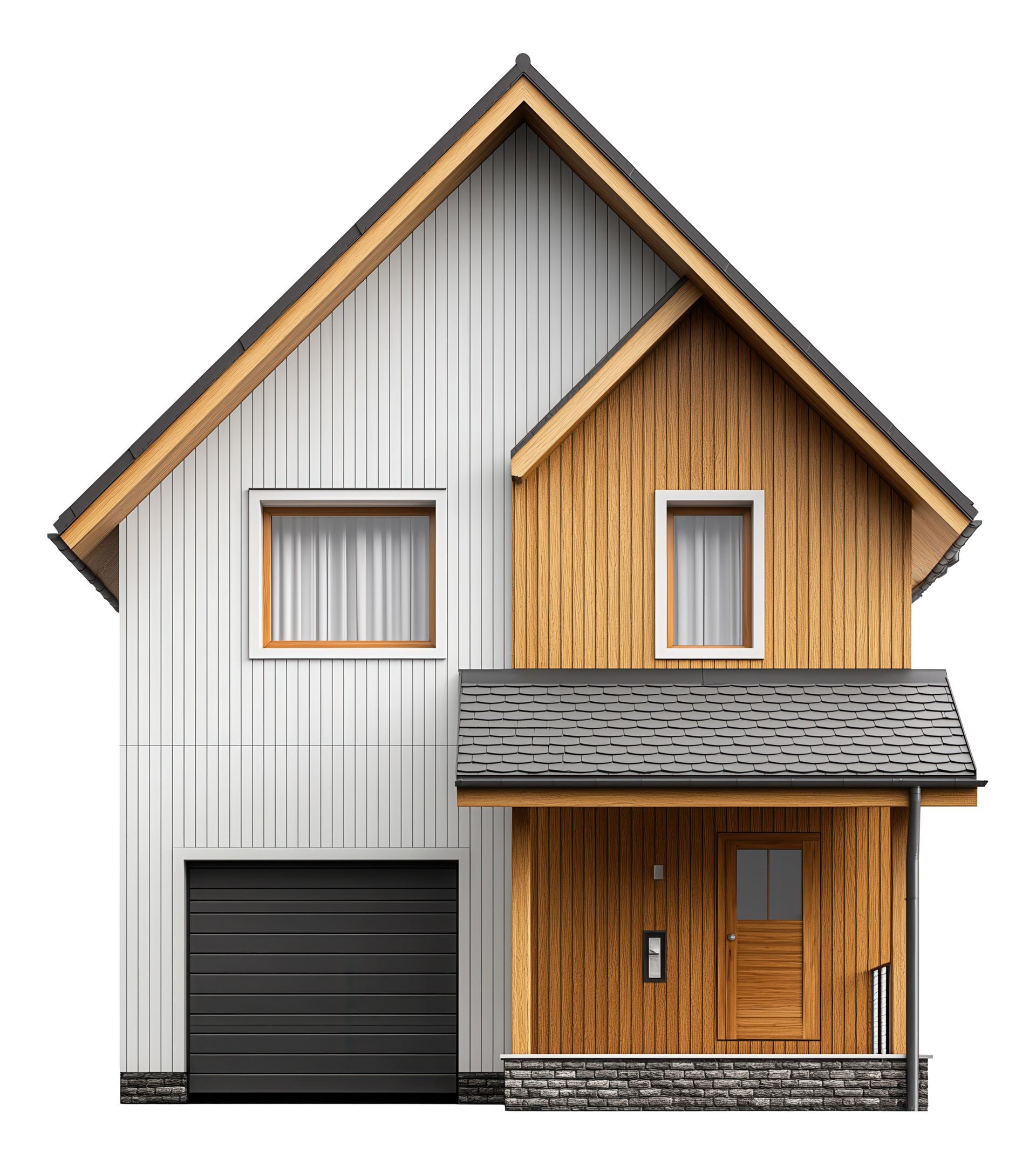 Maison à deux étages avec bardage en bois et blanc, porte de garage noire et porche couvert.