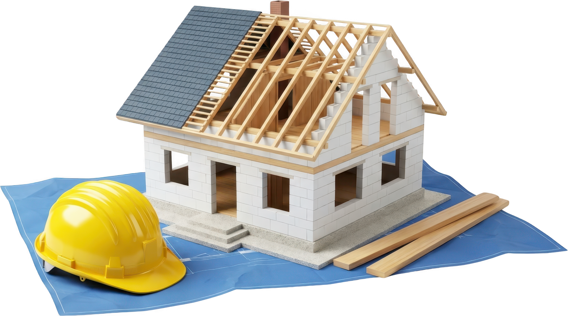 Maison modèle en construction avec un casque de chantier jaune et des plans.