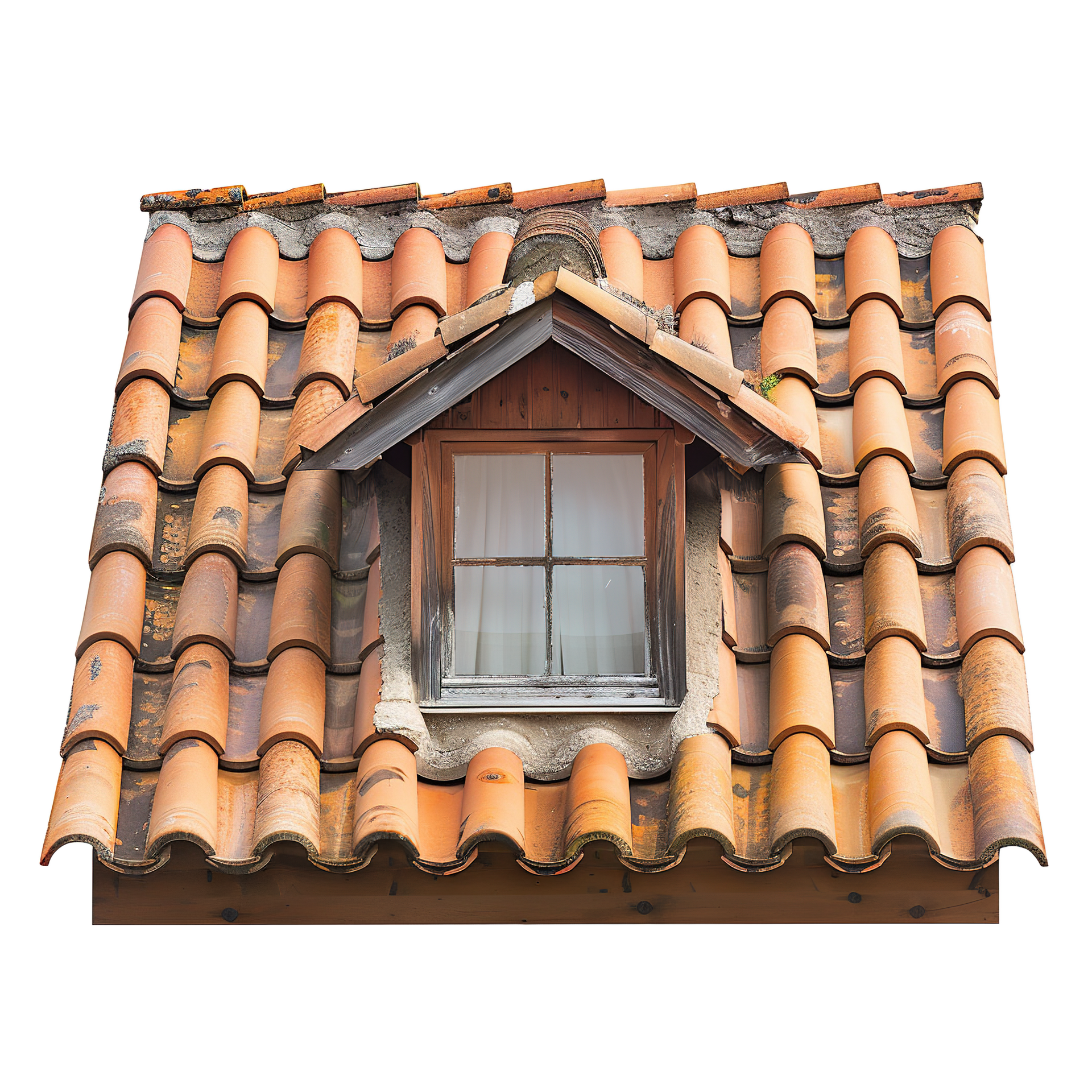 Lucarne sur toit de tuiles. Tuiles orange, cadre en bois, fenêtre avec rideau.