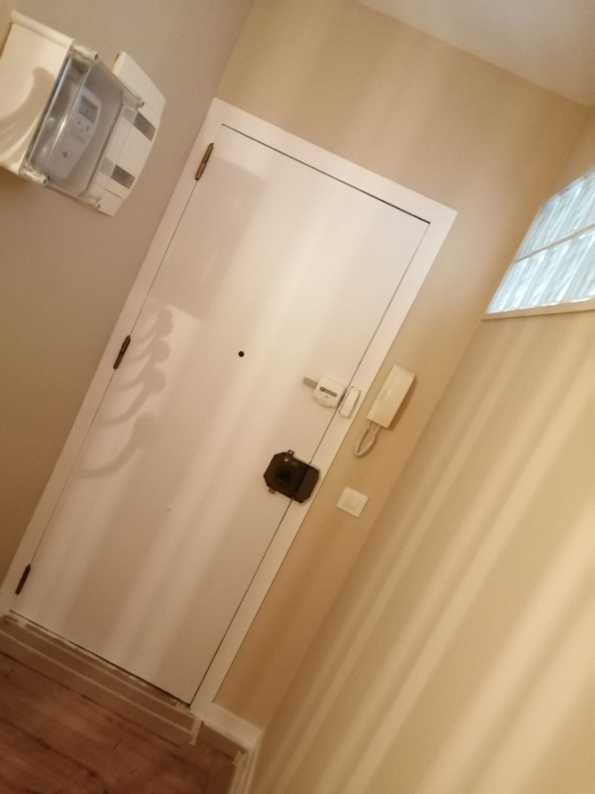 Pasillo con puerta blanca, interfono de pared y suelo de madera, vista ligeramente inclinada.
