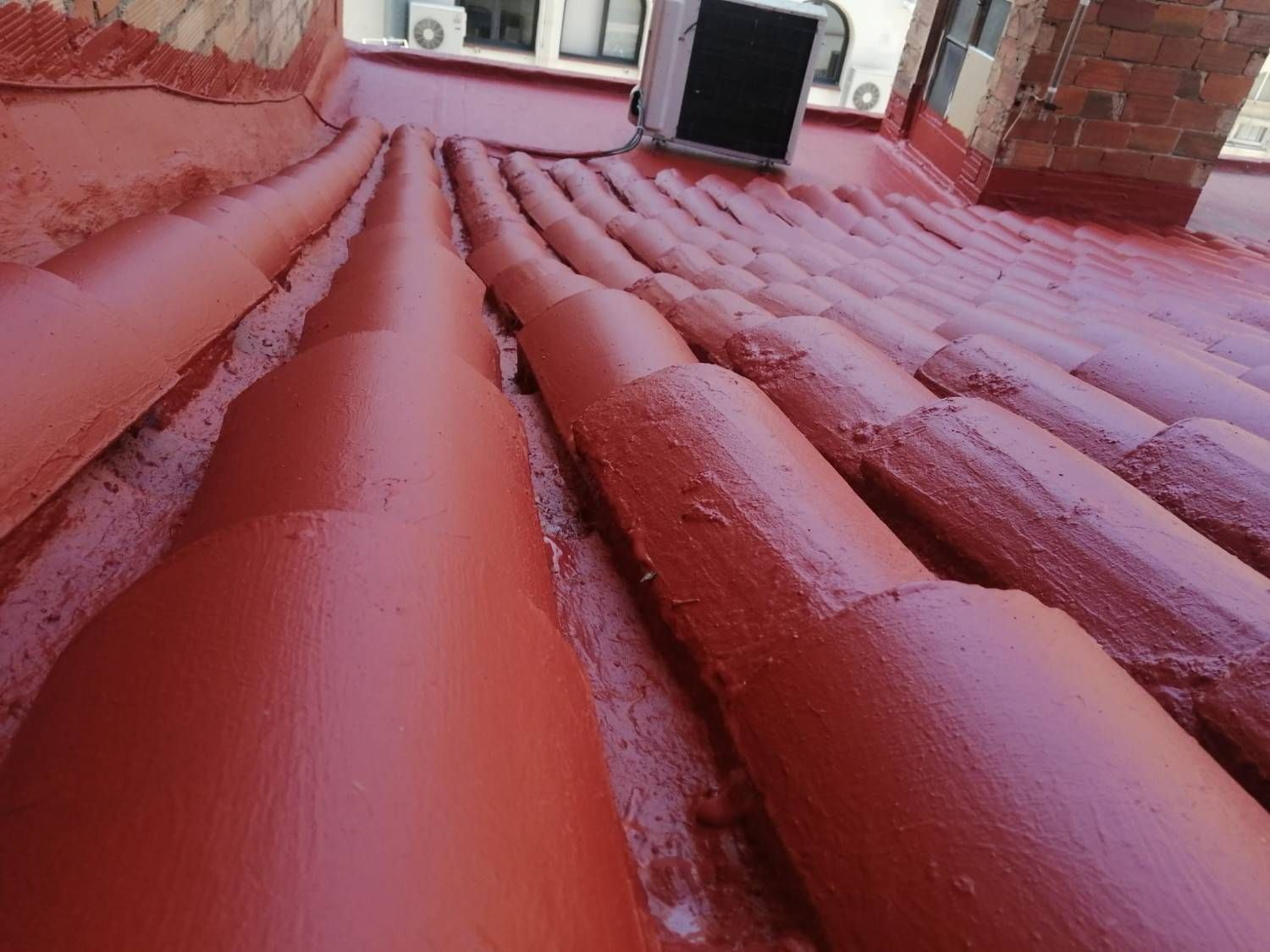 Tejado de tejas rojas cubierto de escarcha, visto desde abajo, con una pequeña claraboya cerca de la parte superior.
