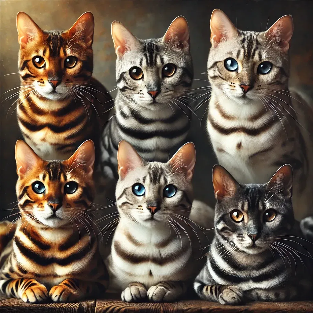 Eine Gruppe Katzen sitzt nebeneinander und schaut in die Kamera