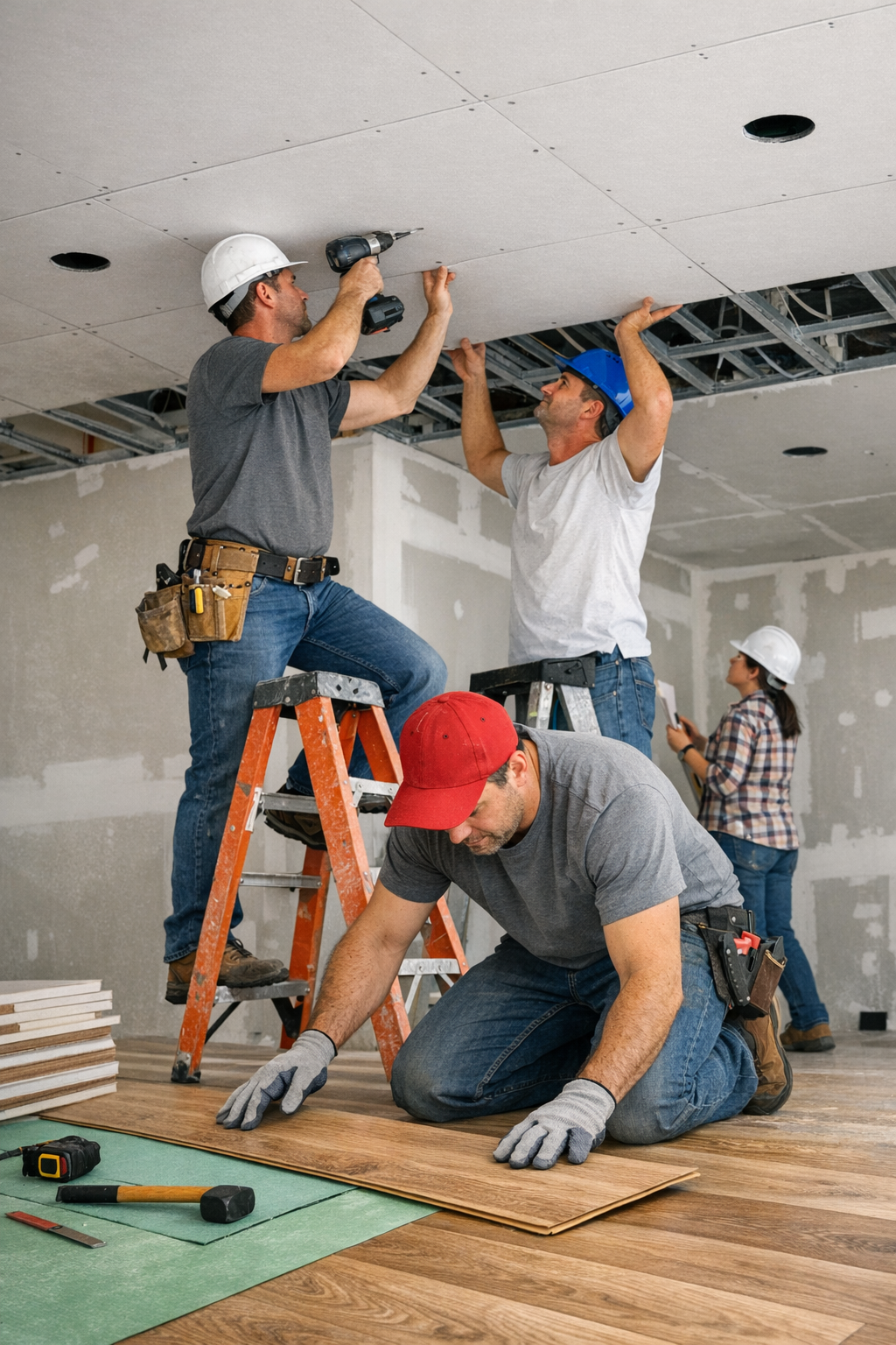 Obreros instalando paneles de techo en una habitación en renovación, con herramientas y escaleras sobre un piso de madera.