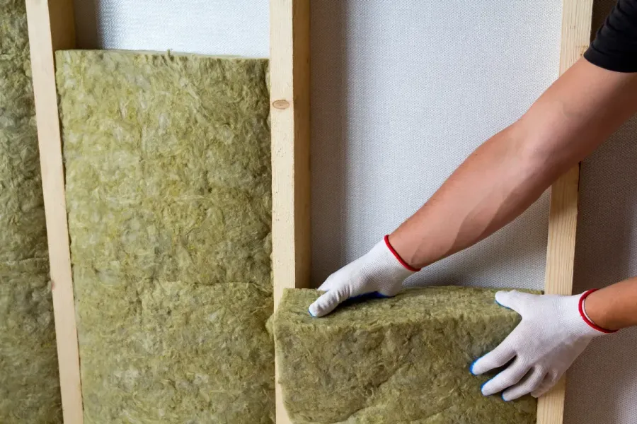 Persona instalando aislamiento entre los montantes de la pared de madera.
